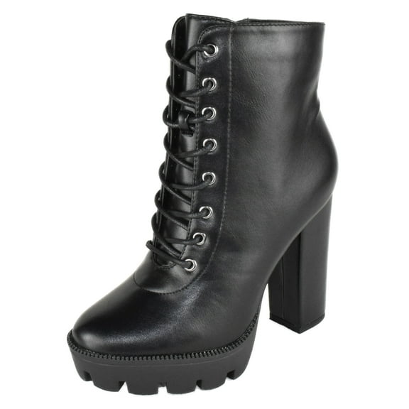 Top Moda Women High Heel Combat Army Style Boots Lace Up Side Zipper Lug Platform Sole Booties DALE-6 Black PU 6.5