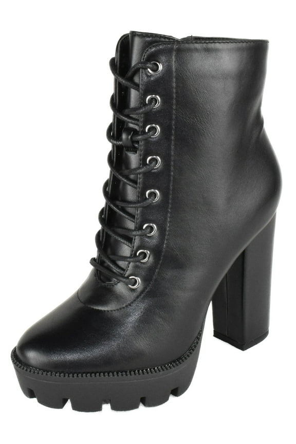 Women High Heel Combat Army Style Boots Lace Up Side Zipper Lug Platform Sole Booties DALE-6 Black PU 6.5