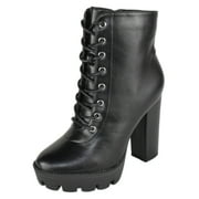 Top Moda Women High Heel Combat Army Style Boots Lace Up Side Zipper Lug Platform Sole Booties DALE-6 Black PU 8.5