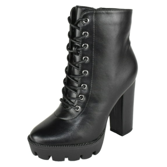Top Moda Women High Heel Combat Army Style Boots Lace Up Side Zipper Lug Platform Sole Booties DALE-6 Black PU 9