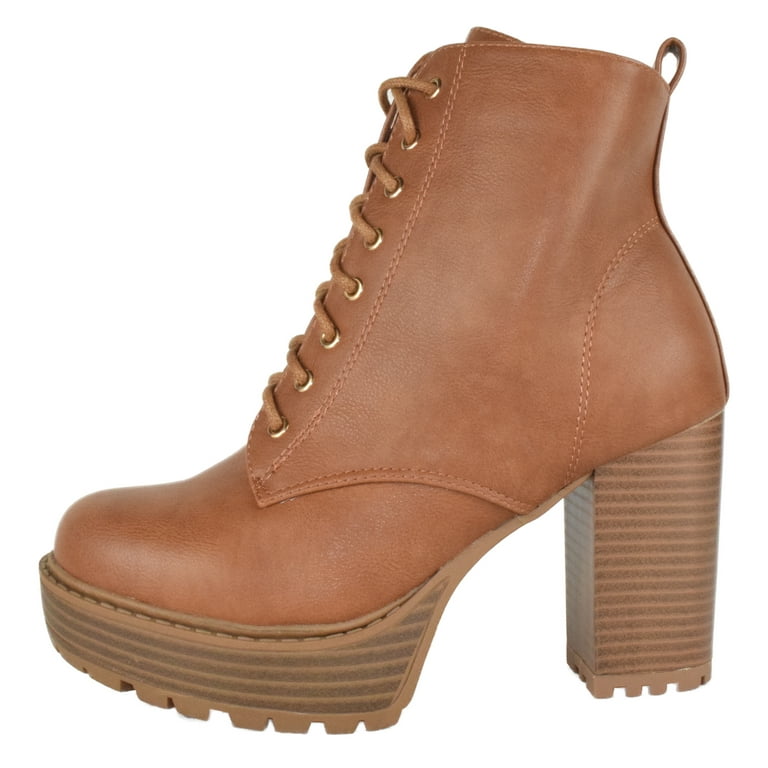 Top Moda Women High Heel Combat Army Style Boots Lace Up Side