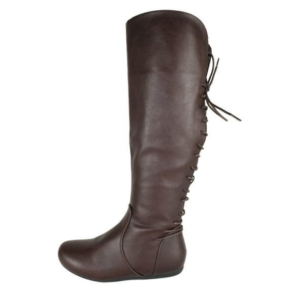 Top Moda Women Knee High Boots Back Lace Flat Heel Side Zipper Round Toe Bank-37 Dark Brown 6