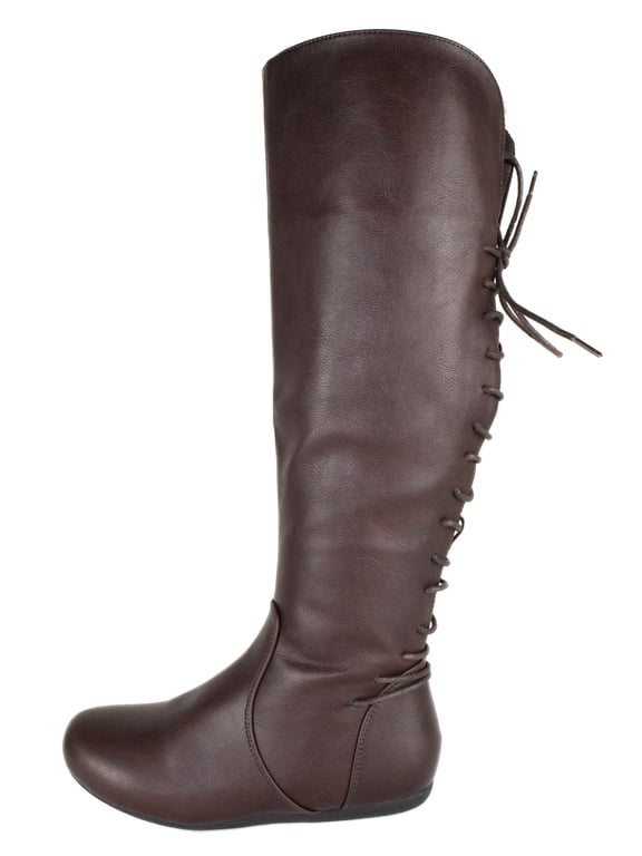 Women Knee High Boots Back Lace Flat Heel Side Zipper Round Toe Bank-37 Dark Brown 7