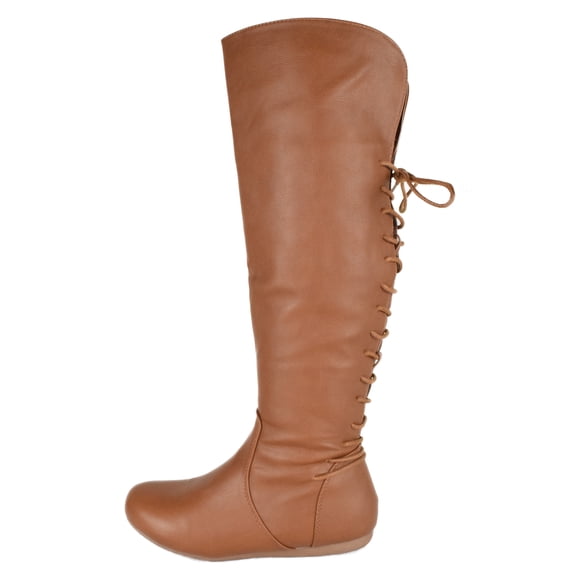 Top Moda Women Knee High Boots Back Lace Flat Heel Side Zipper Round Toe Bank-37 Light Brown Tan 7.5
