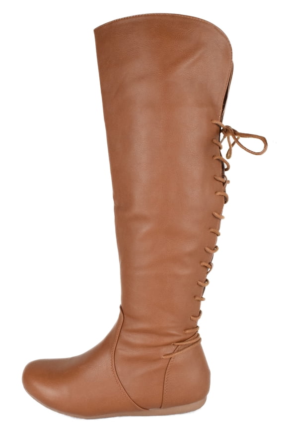 Women Knee High Boots Back Lace Flat Heel Side Zipper Round Toe Bank-37 Light Brown Tan 7
