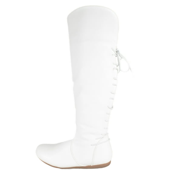 Top Moda Women Knee High Boots Back Lace Flat Heel Side Zipper Round Toe Bank-37 White 9