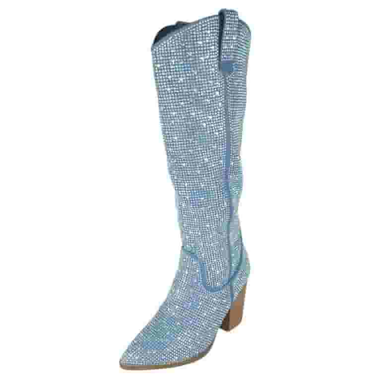 【COLOR iN ID】knee high wrinkle boots Top Moda Women Knee High Boots Block High Heels Rhinestone