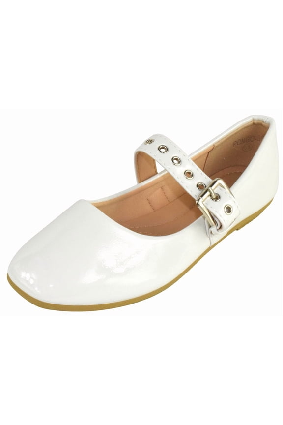 Women Mary Jane Flats Buckle Strap Square Toe Comfort Dress Ballet Shoes PONGO-36 White Patent 7.5