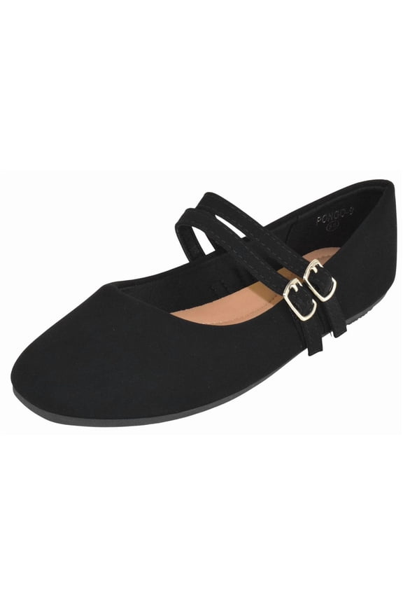 Women Mary Jane Flats Buckle Strap Square Toe Comfort Dress Ballet Shoes PONGO-9 Black Nubuck Suede 5.5