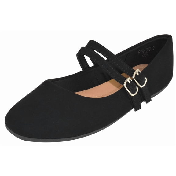Top Moda Women Mary Jane Flats Buckle Strap Square Toe Comfort Dress Ballet Shoes PONGO-9 Black Nubuck Suede 9