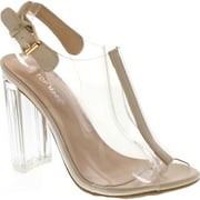 Top Moda Womens Fenton-1 Lucite Clear Strappy Block Chunky High Heel Open Peep Toe Sandal