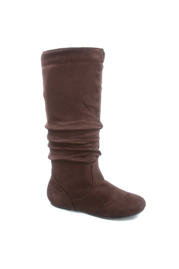 Women's Slip On Slouch Mid Calf Faux Suede Boots, Wide Calf, Round Toe, Brown, 8