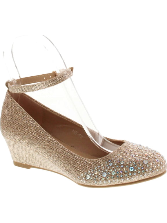 Women's wedge glitter rhinestone round toe adjustable ankle strap shoes