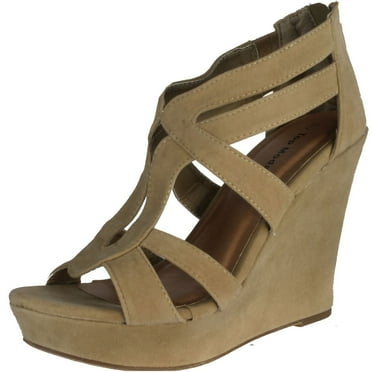 Top Moda Womens Lindy-66 Open Toe Platform Wedge Sandals, Taupe, 6