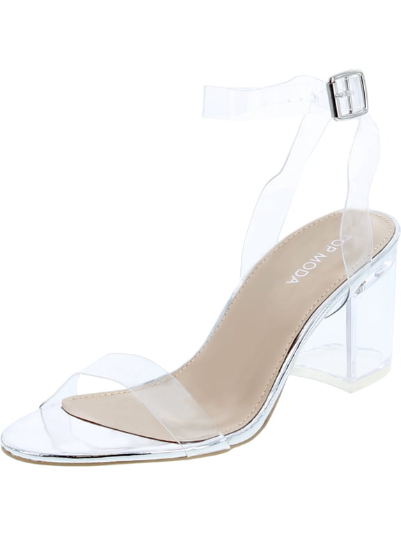 Womens Lucite Clear Strappy Block Chunky High Heel Open Peep Toe Sandal