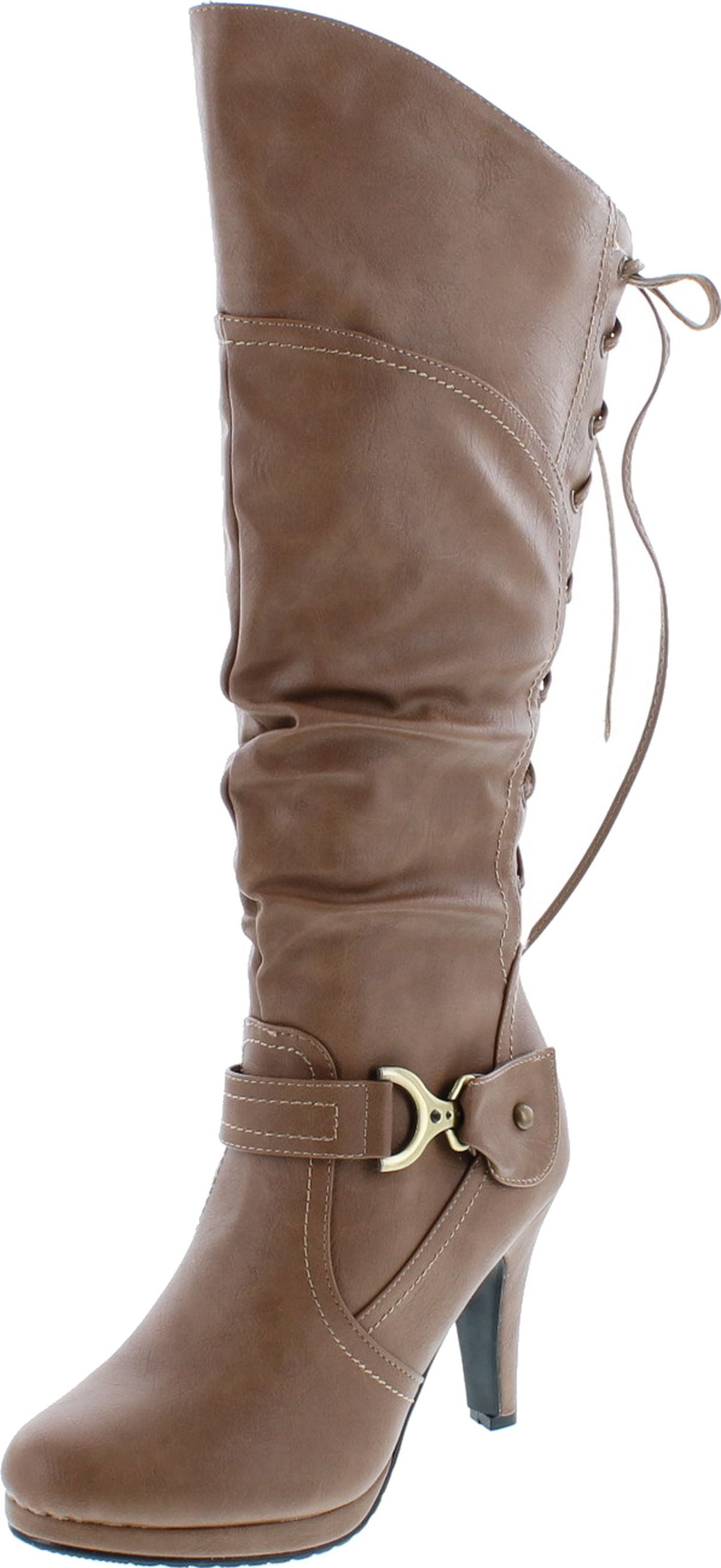 Top Moda Women s Knee High Lace Up Slouched High Heel Boots Taupe 8.5