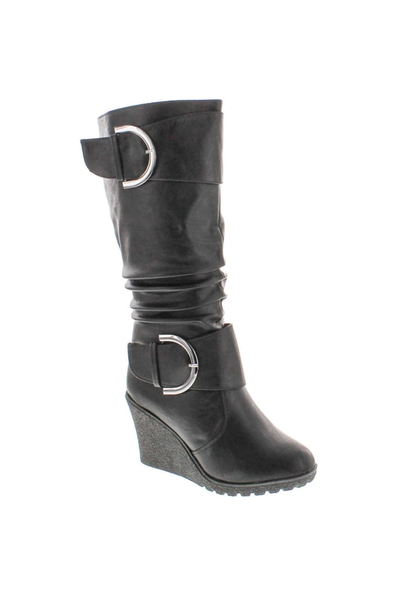 Womens Pure-65 Mid Calf Round Toe Slouched Wedge Heel Boots
