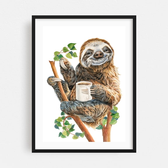 Top Of The Morning - Painting Humor Nature Animal Coffee Illustration Botanical Black Framed Wall Art Print 6 x 8 inches