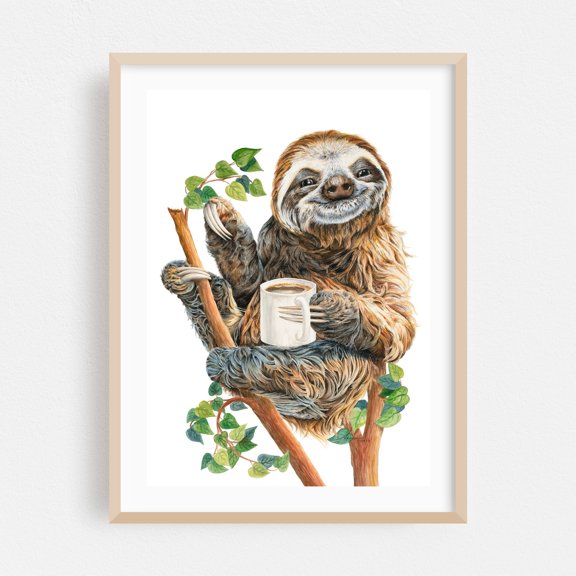 Top Of The Morning - Painting Humor Nature Animal Coffee Illustration Botanical Oak Framed Wall Art Print 18 x 24 inches
