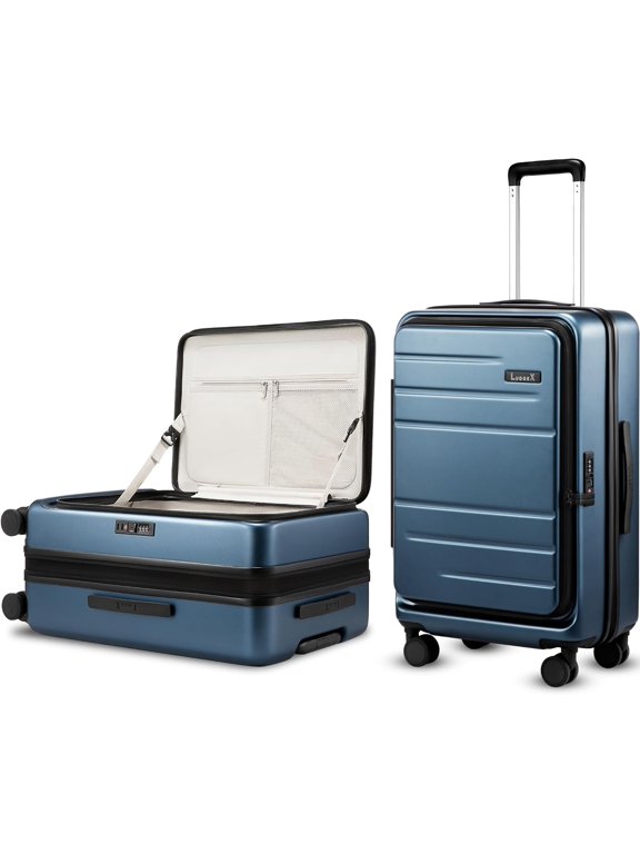 Top Opening Expandable Checked Suitcase, Blue, 24" | Checked Luggage, Trunk Style, Deep Front Compartment, 100% PC Hard Shell, TSA Approved, 360°Spinner Wheels, 63L-70L, FX-Core
