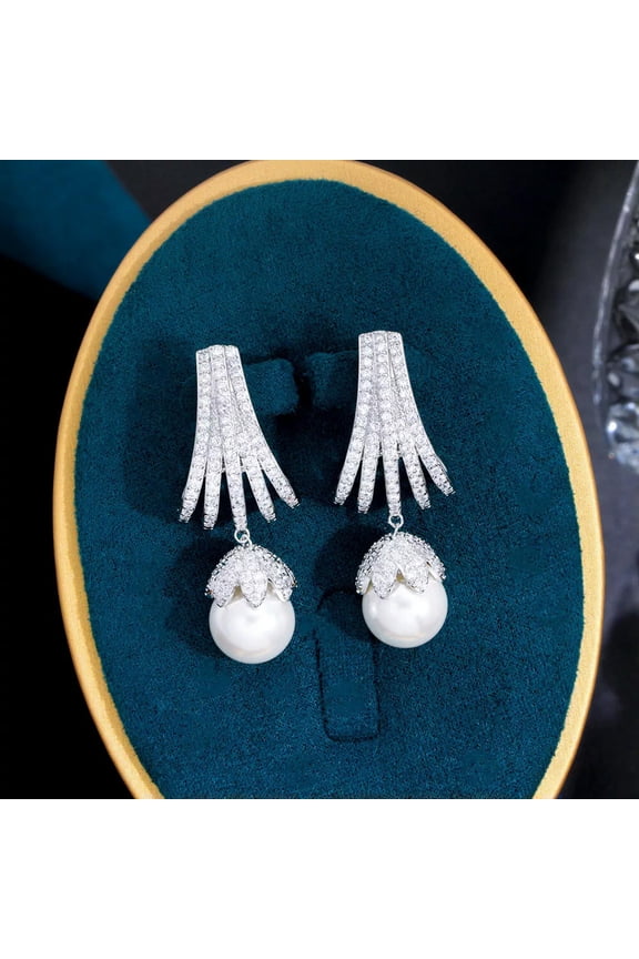 Top Pave Settings CZ White Gold Plated Long Pearl Dangle Drop Earrings for Bride