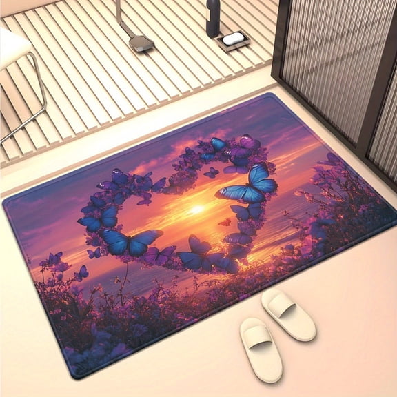 Top Pick Sunset Heart Scene HD Printed Non-Slip Absorbent Machine Washable Mat - Butterfly Floral Sunset Design Indoor/Outdoor Mat for Living Room, Kitchen, Bathroom, Patio, Entrance, Yoga Mat