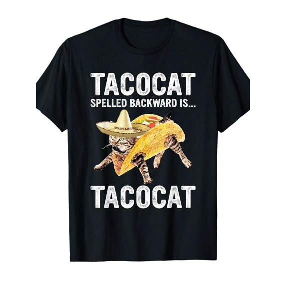 Top PickLocalMen's Funny Tacocat Palindrome Graphic T-Shirt - Black Crew Neck Short Sve Tee With Cat & Taco Design