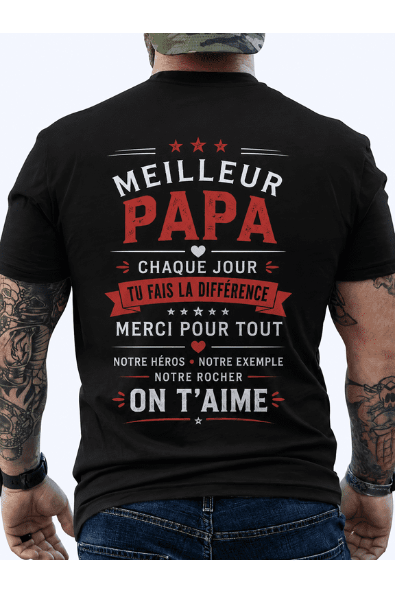 Top PickMen's Funny French Quote Super Dad Back Print T-Shirt - Comfortable Breathable Short Sleeve Round Neck Casual Tee Suitable for Father's Day Gifts, Birthday Presents & Casual Att