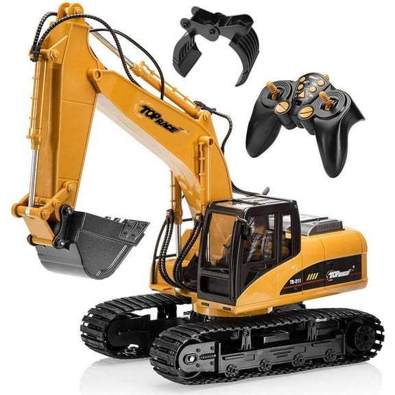 Top Race 15 Channel Full Functional Remote Control Excavator Construction Tractor, Excavator Toy with 2.4Ghz Transmitter 2 in 1