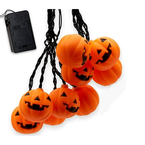 Top Race Halloween String Lights, 10 Big 3 Inch Battery Powered Jack o Lantern Blinking Lights with Motion Sensor and Halloween Music, Halloween Decorations. (Pumpkin)