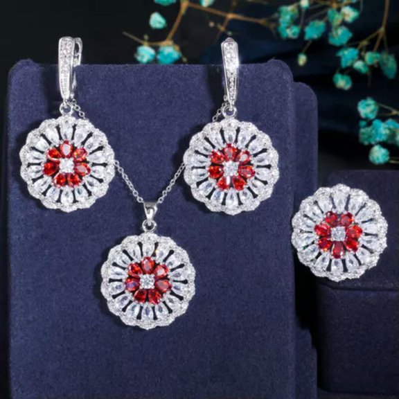 Top Red CZ Round Sun Flower Pendent Necklace Huggie Earrings Ring Jewelry Set