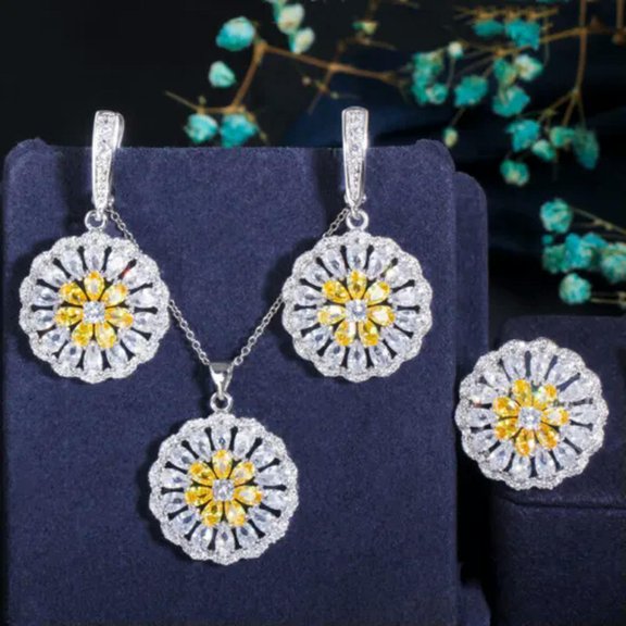 Top Red CZ Round Sun Flower Pendent Necklace Huggie Earrings Ring Jewelry Set
