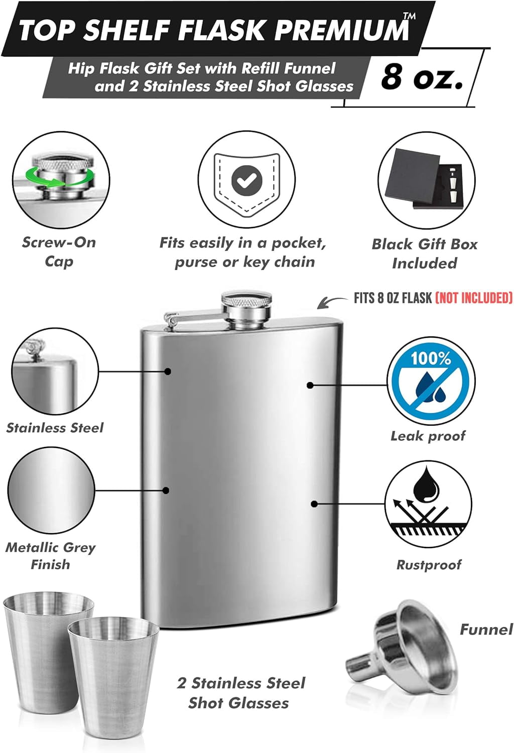Top Shelf Flasks Premium Presentation Gift Box for Hip Flasks, 1 Box, 2