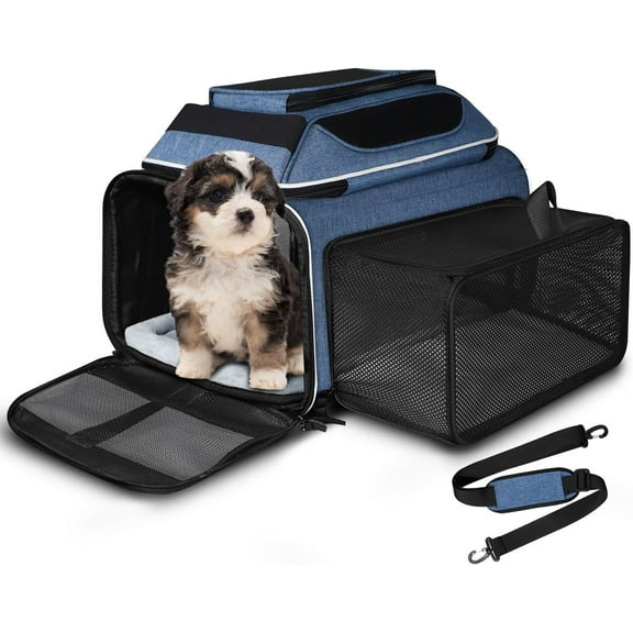 Top and Side Expandable Pet Carrier 18x11x11 Inches Delta United Airline Approved, Soft-Sided Carrier for Small Cats and Dogs with Locking Safety Zippers and Anti-Scratch Mesh(Blue)