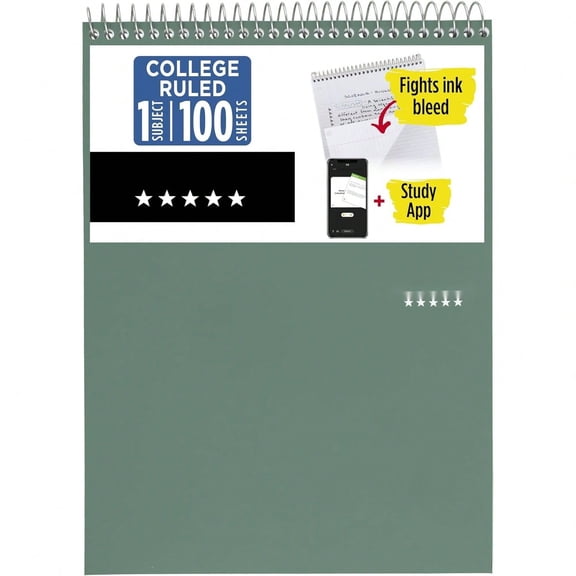 Top Spiral Notebook + Study App, 1 Subject, College Ruled Notepad, 8-1/2" x 11", 100 Sheets, Fights Ink Bleed, Water Resistant Cover, Seaglass Green (820058C-ECM)