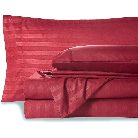 Top Split Cal-King 36" x 84" Bed Sheet Set for Adjustable Bed- 100% Cotton 15" Deep Pocket Top Split 5 PC Sheet Set- 400 Thread Count, Hotel Luxury Soft Sheets (Burgundy Stripe)