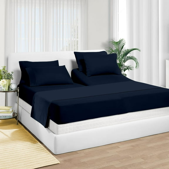 Top Split Head Flex Sheet Set-for Adjustable Bed-4 Pcs -100% Egyptain Cotton 700 Thread Count - 15-Inch Deep Pocket - King Size Navy Blue Solid - Split Down 34 inches from The top