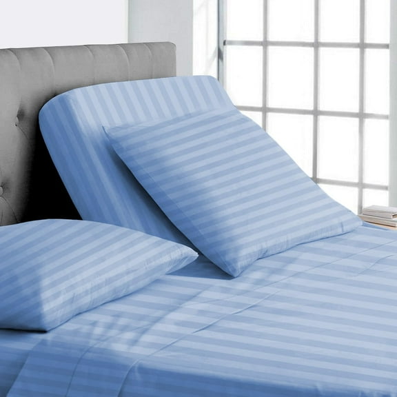 Top Split King 100% Egyptian Cotton 1000 Thread Count, Adjustable Beds -Top Split King Sheets Sets (4 Pcs) Split Down 34" inches from The Top - Light Blue Stripe, 18" Deep Pocket