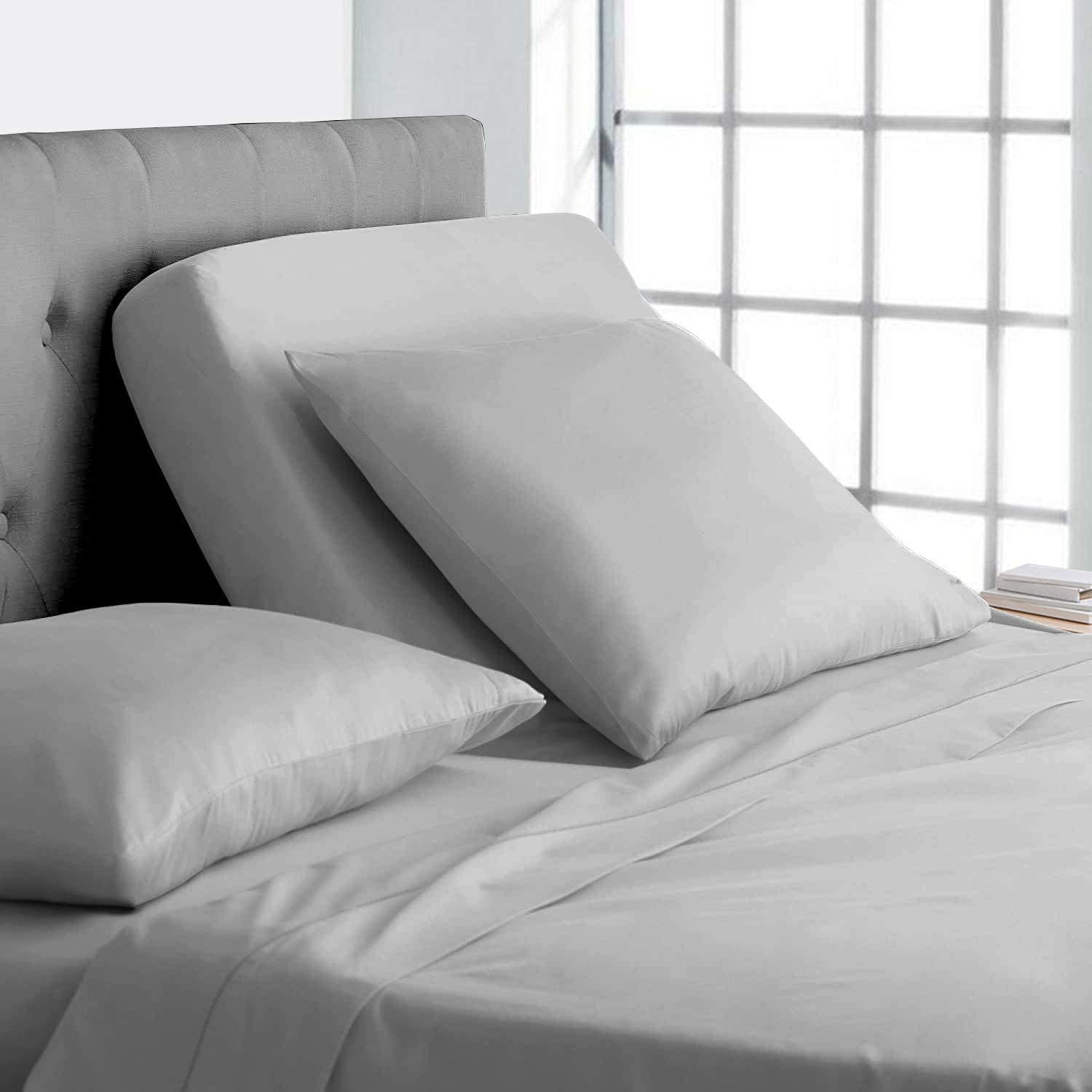 SlumberWell Split Top King Sheets For Adjustable Beds - 18" Deep Pocket Giza Cotton Sateen Set, Light Grey