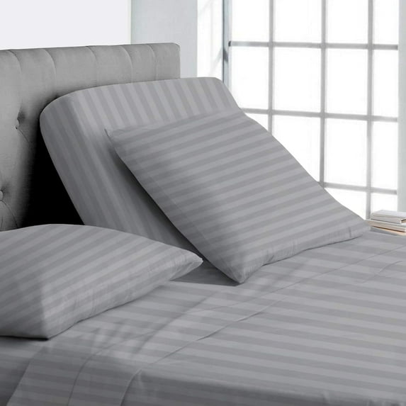 Top Split Queen 100% Egyptian Cotton 1000 Thread Count, Adjustable Beds -Top Split Queen Sheets Sets (4 Pcs) Split Down 32" inches from The Top - Silver Stripe, 18" Deep Pocket