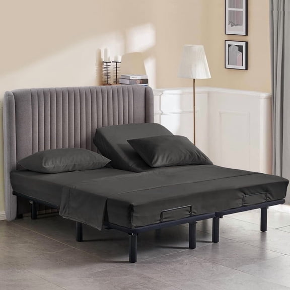 Top Split Queen Sheet Set for Adjustable Beds – 100% Egyptian Cotton, 800 Thread Count, 4-Piece Bed Sheets, Deep Pockets Fit up to 18", Dark Grey Solid, Split 30" from Top