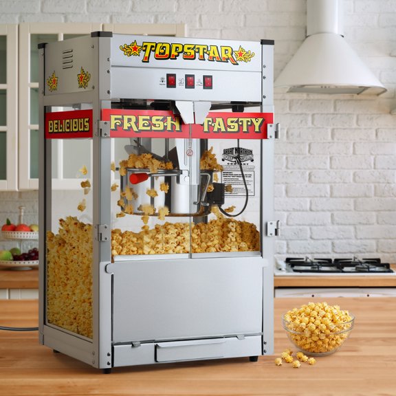 Top Star Popcorn Machine - 12oz Stainless-Steel Kettle, Reject Kernel Tray, Warming Light, and Accessories by Great Northern Popcorn (Red and Yellow)