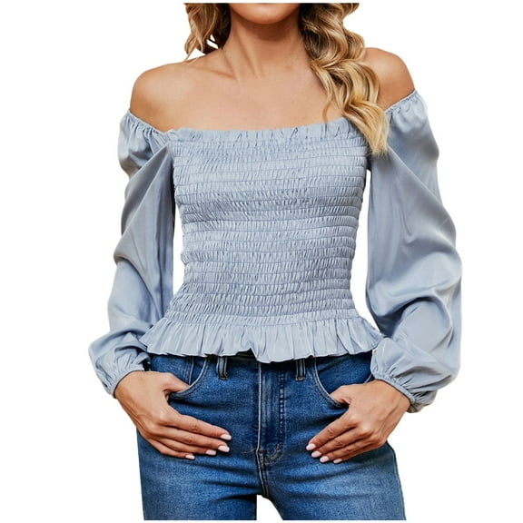 Top Style Trends for Women!DianGeFu Blouses for Women 2025 Womens Plus Size $15,Women's Fashion Casual Spring Summer Long Sleeve Round-Neck Blouses & Shirts,Light Blue,S