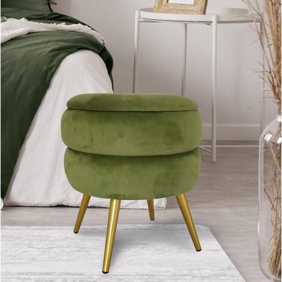 Top Sun USA Round Shape Velvet Metal Leg Foot Stool Ottoman Green