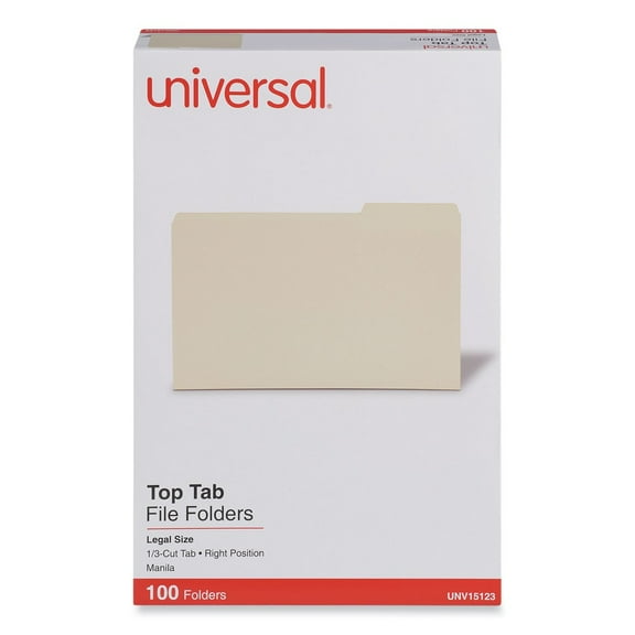Universal UNV15123 1/3-Cut Top Tabs Right Position 11 Point File Folders - Legal Size, Manila (100-Piece/Box)