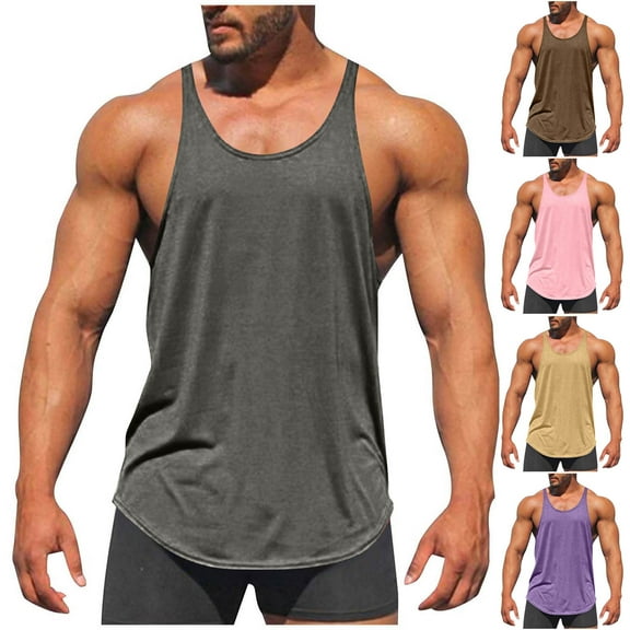 Top Tanks For Men Men's Solid Color Exercise Close-fitting High Resilience Round Neck Fitness Short-sleeved Blouse Pink L