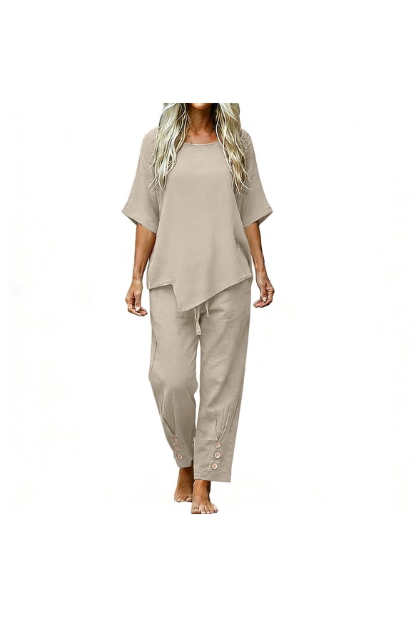 Top and Trousers Set Women Linen Lounge Wear Co Ord Set Ladies Travel Summmer Outfits Oversized Leisure Tracksuit Suits Crew Neck Solid Short Sleeve Blouse and Drawstring Pant Home 2 Piece Sets