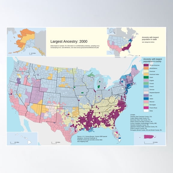 Top Us Ancestries By County Map Poster Wall Art, Modern Wall Decor For Living Room Bedroom, 8x12 UNFRAMED