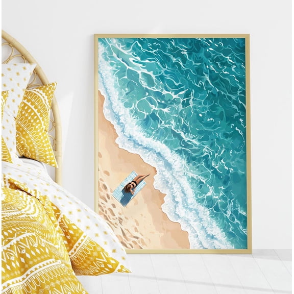 Top View Ocean Waves Wall Art, Abstract Coastal Decor, Stretched Canvas Size 16x24