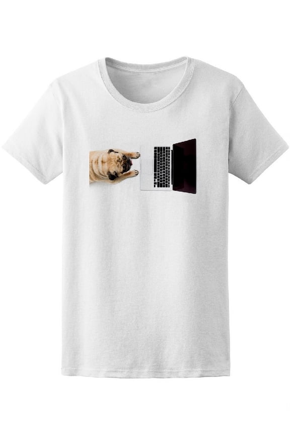 Top View Of Pug Dog With Laptop Tee Women's -Image by Shutterstock